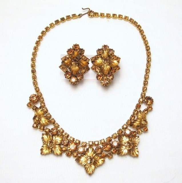 Signed Vintage Antique EDLEE DEMI PARURE brown floral Molded Glass Rhinestones