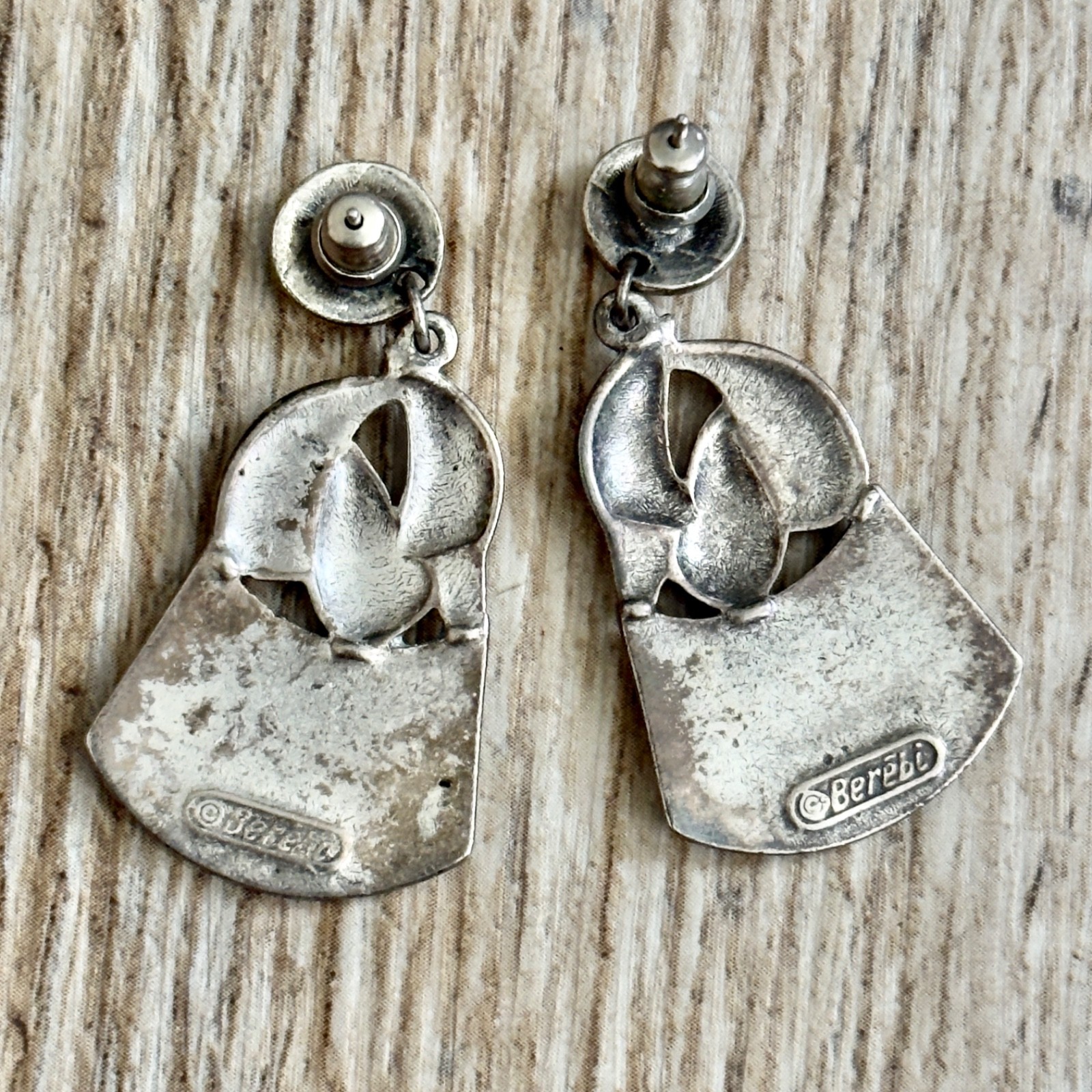 Vintage Edgar Berebi Blue Enamel Bird Dove Silver Tone Dangle Pierced Earrings