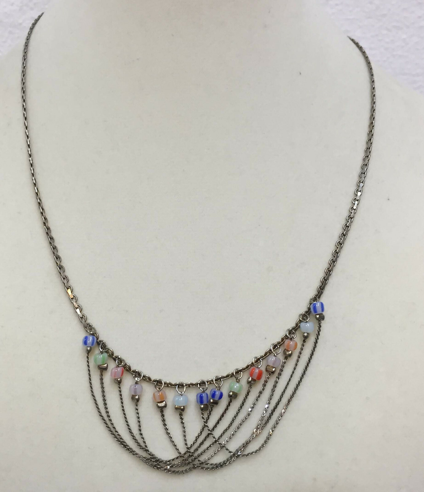 Necklace Collar Choker Bib Overlapping Chains Colorful Beads Silver Tone Metal
