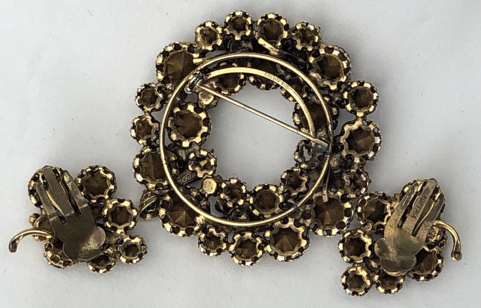 Vintage Austria Multi Color Rhinestones Flower Brooch & Clip Earrings Set