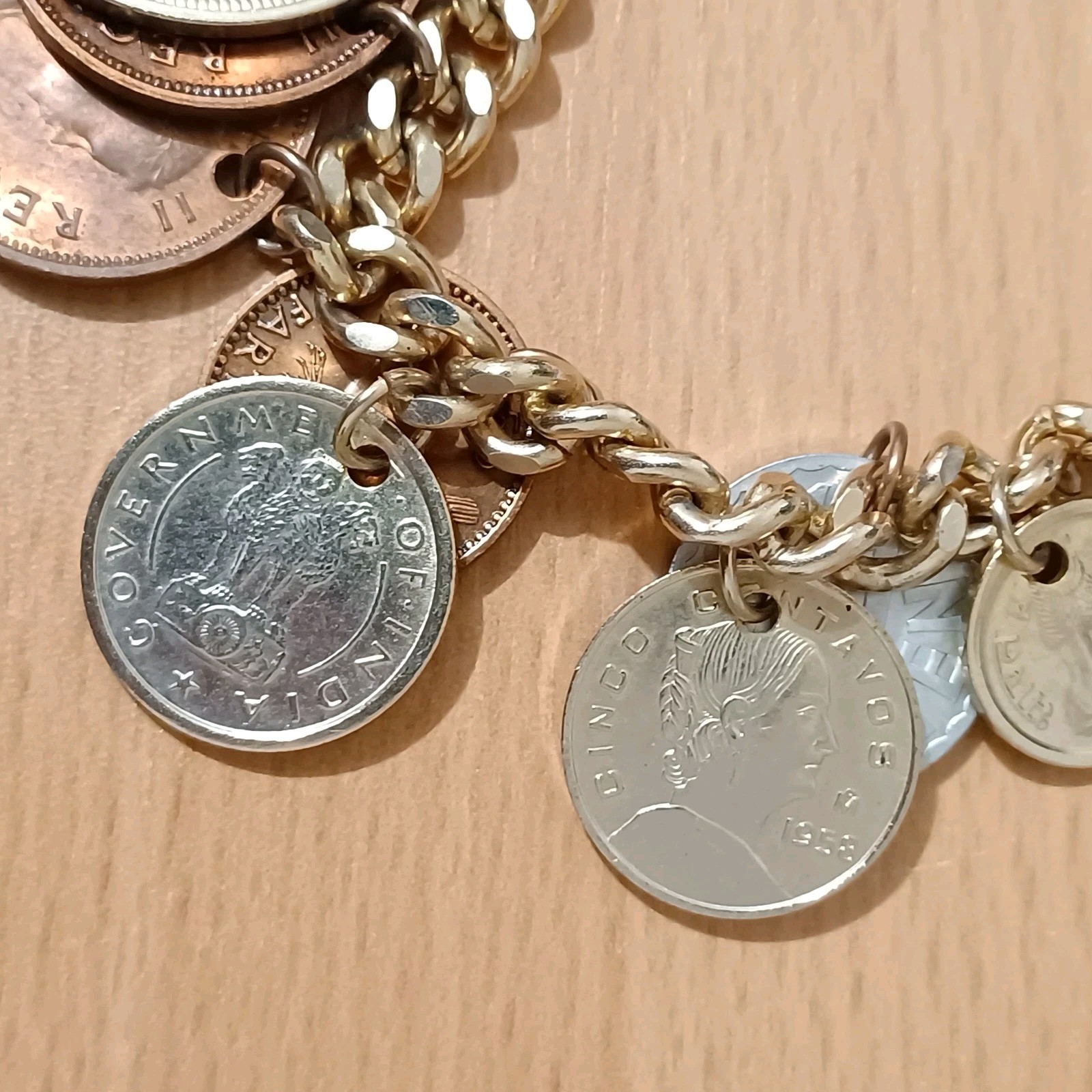 Vintage 14 Coin Bracelet Coins From Around The World 7”