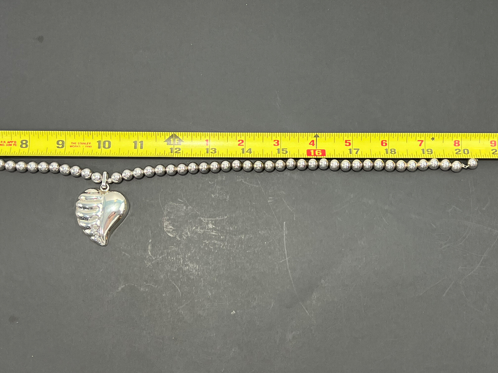Sterling Silver Ball Bead Chain Necklace W Heart Pendant , Taxco 8mm 20” 32g