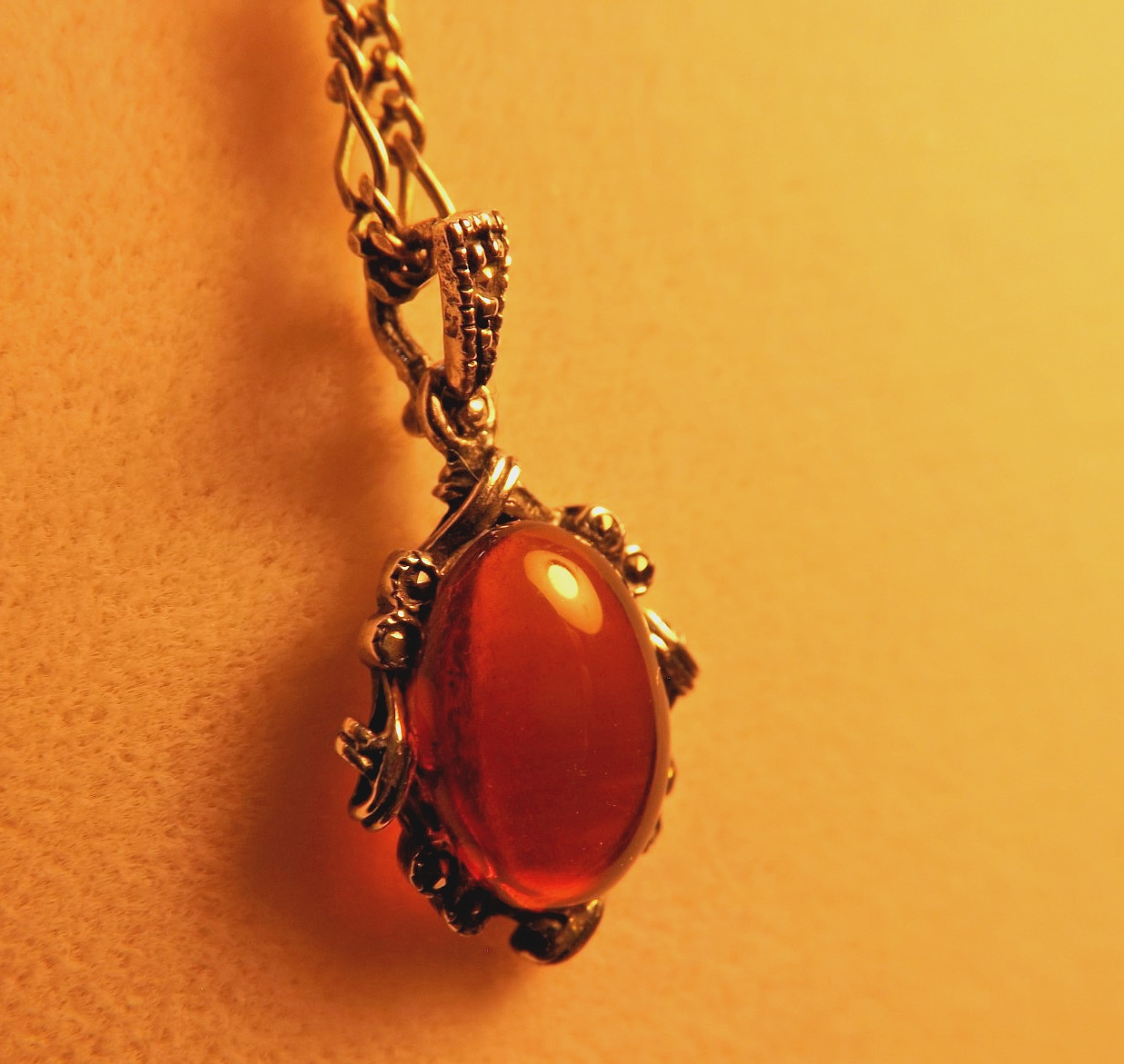 Vintage Sterling Baltic Amber and Marcasite Pendant with Sterling Chain
