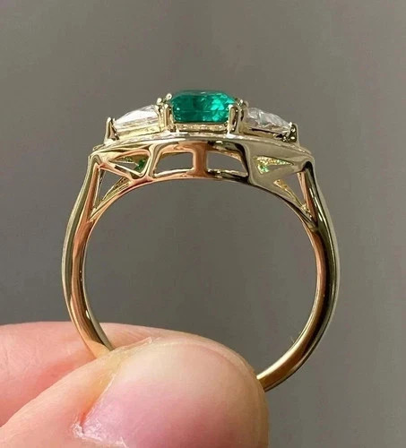 Art Deco Style Emerald Lab Created Diamond 14K Yellow Gold FN Engagement Ring