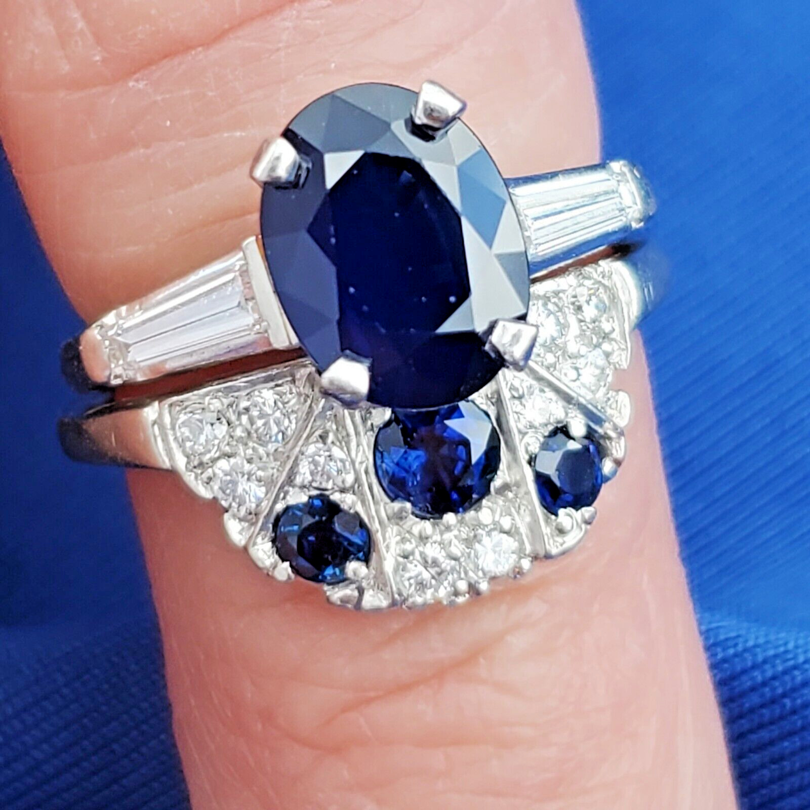 EARTH MINED SAPPHIRE DIAMON Deco Wedding Band Unique Vintage SOLID PLATINUM Ring