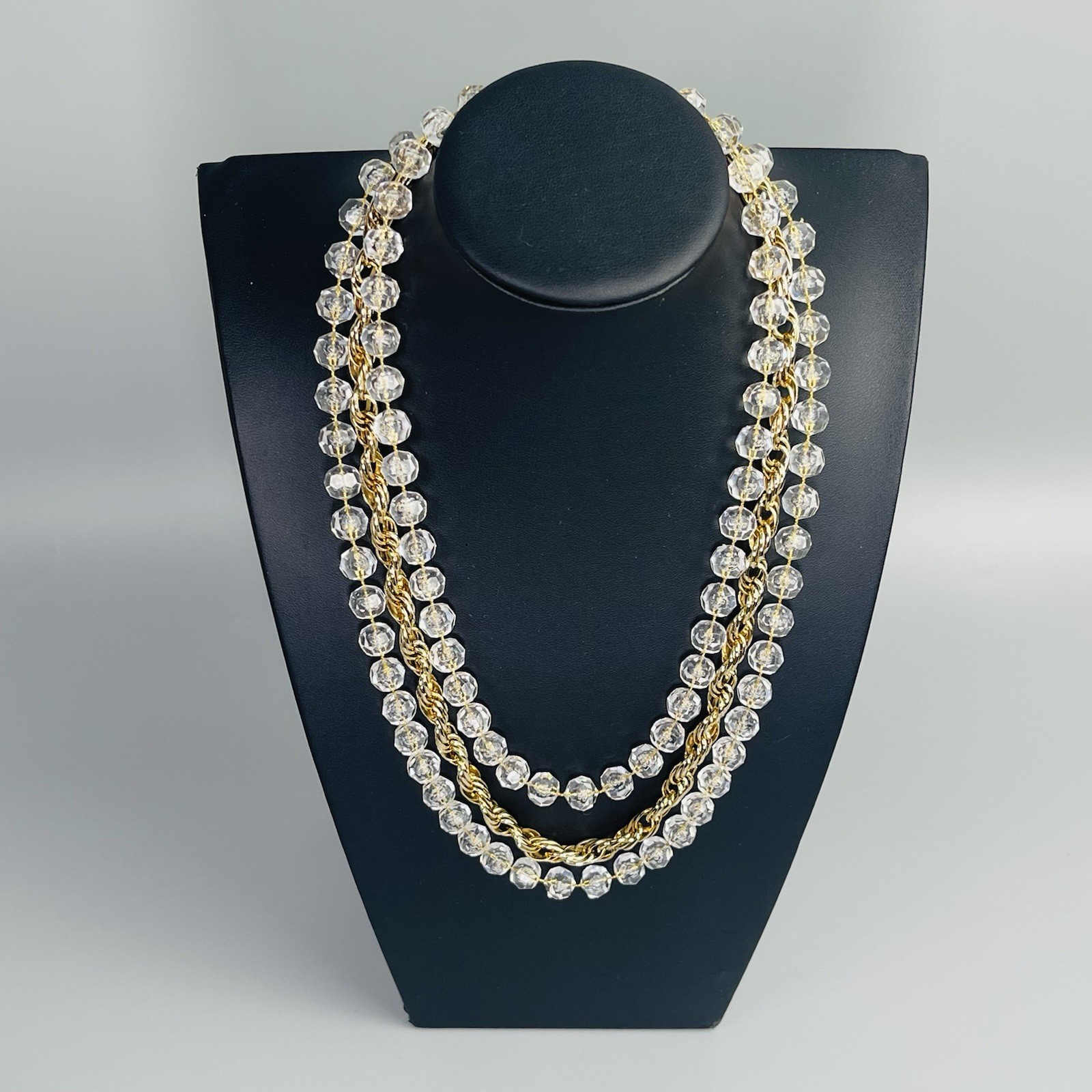 Sarah Coventry “Golden Ice” 3 Strand Clear Bead Gold Tone Necklace Signed 21”