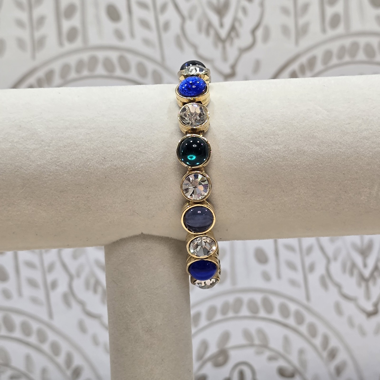 Vintage Les Bernard Bracelet Clear Rhinestones And Blue Green Purple Cabochons
