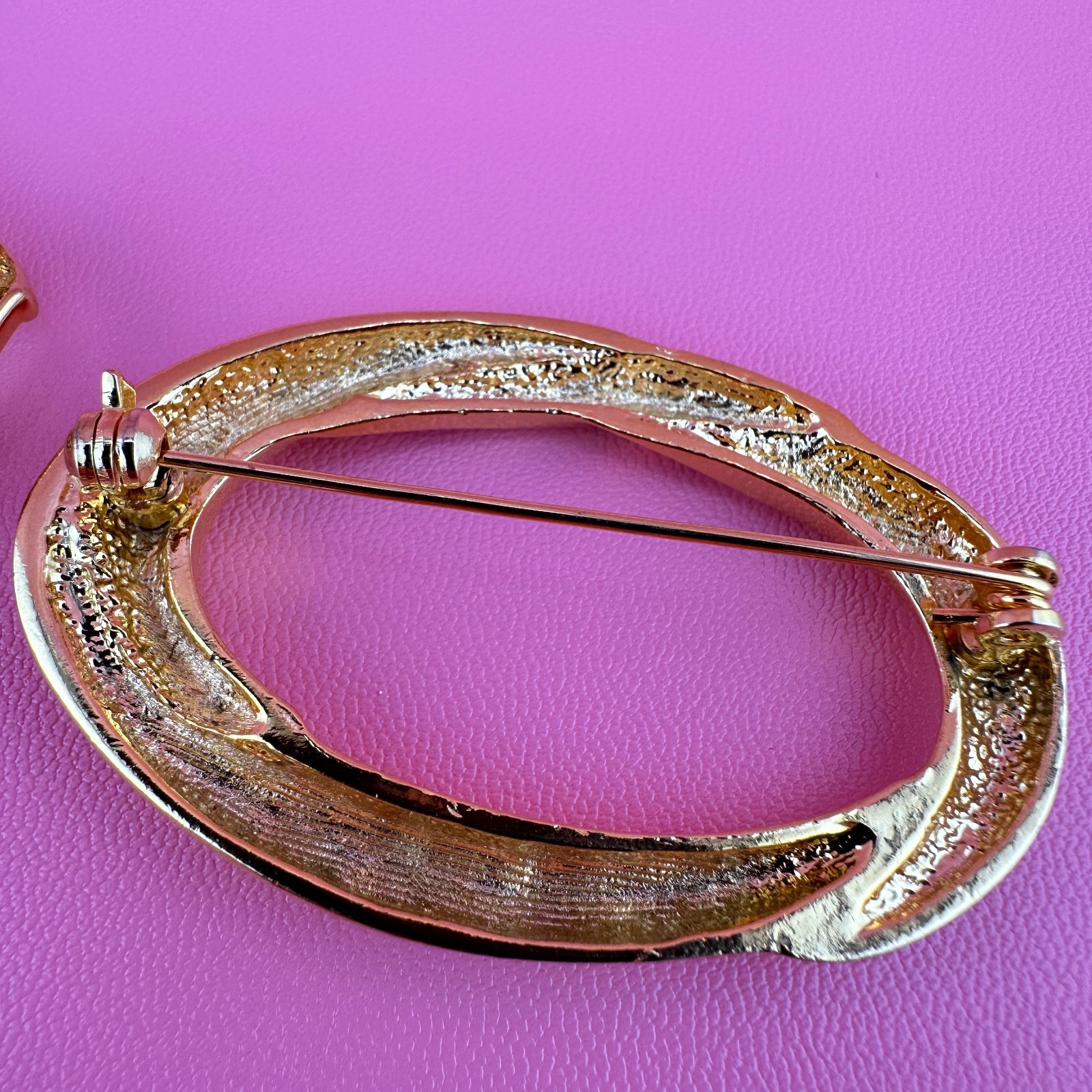 Vintage Brooch Lot Shiny Gold Tone 1990s Open Work Metal Oval Leaf Monet 1990s