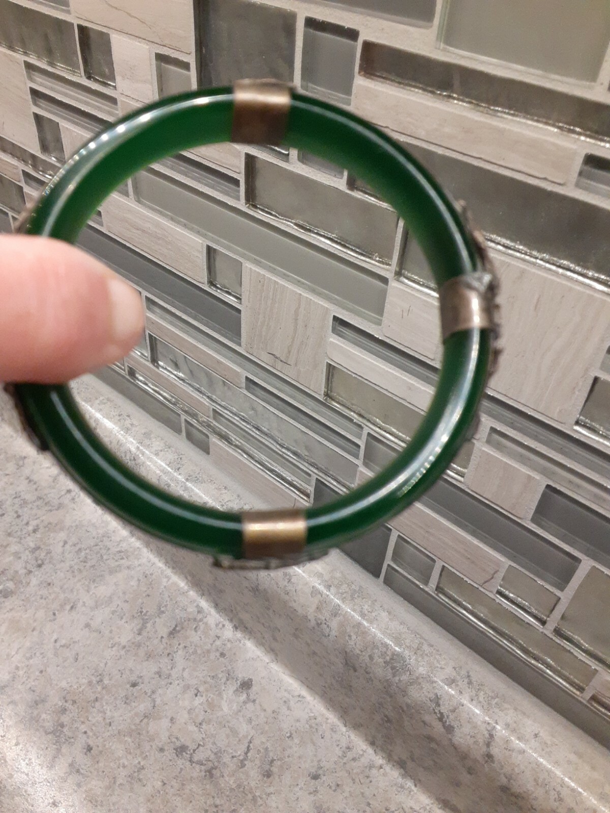 Vintage Green Glass Bangle Bracelet Silvertone Accents-Bearded Dragons Peacock