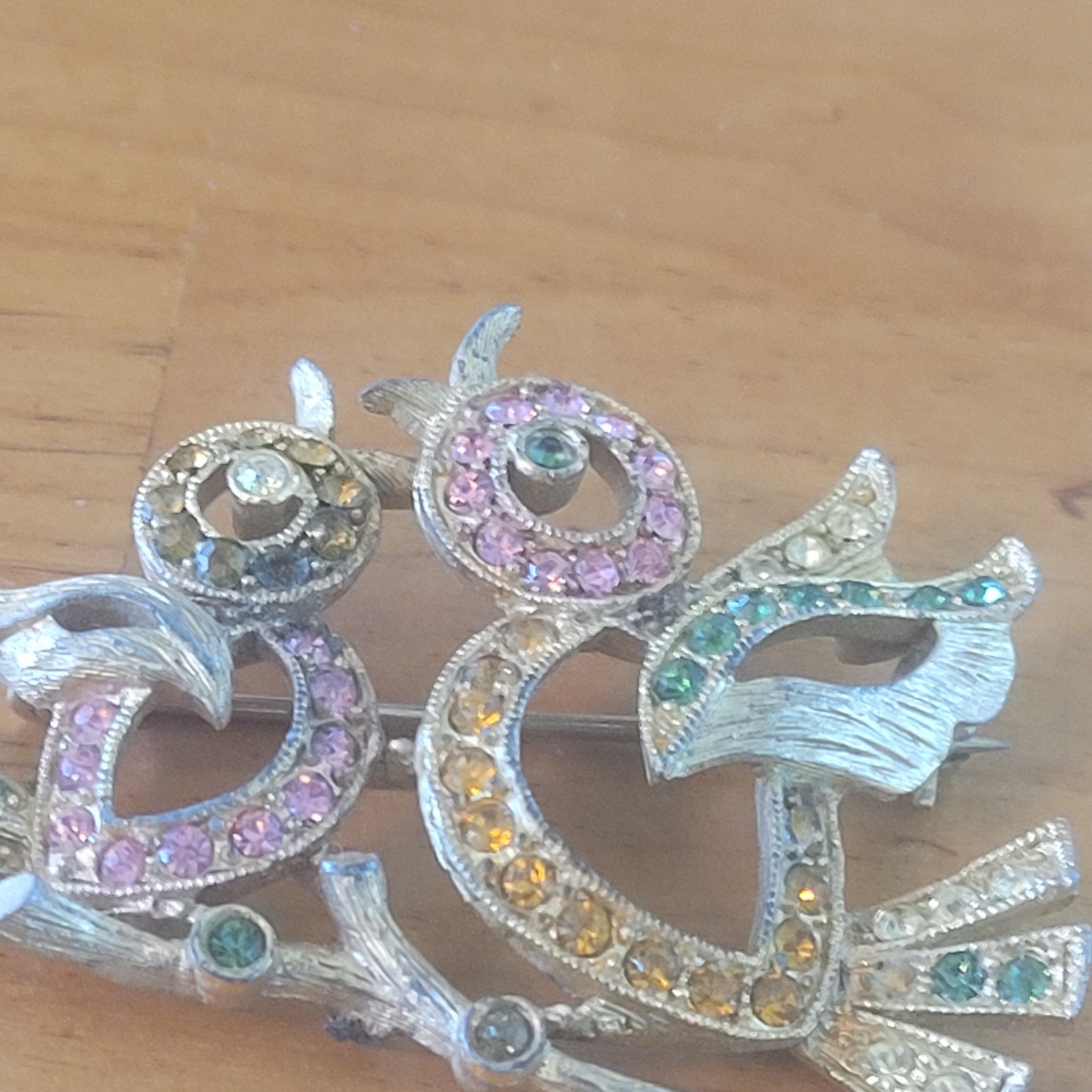 Rhinestone Owl Bird Brooch Pin Gold Tone Multicolor Costume Jewelry