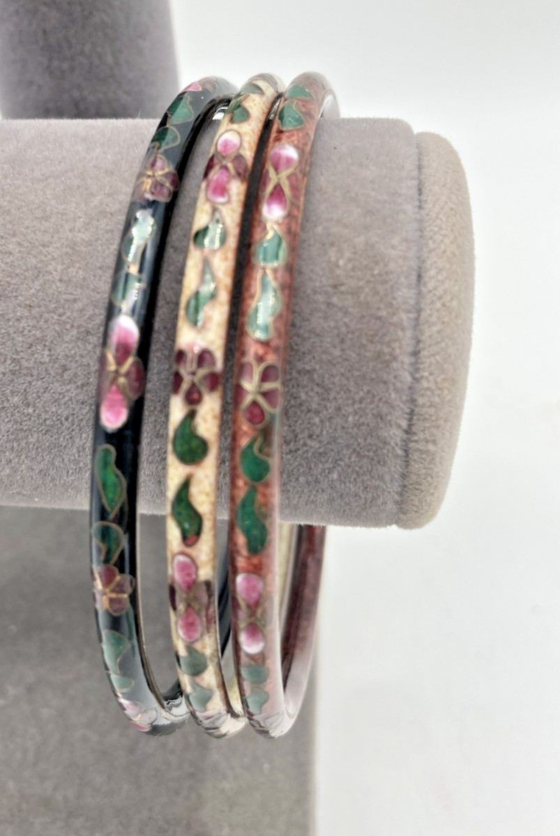 Chinese Cloisonne Enamel Bracelets (Lot of 3) Floral Design Vintage