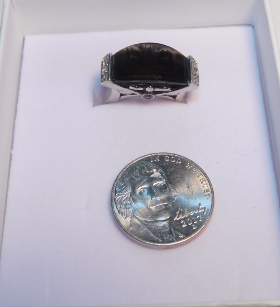 Very Unusual Vintage Smokey Quartz with Accent Diamonds 925 Silver Sz6 #28
