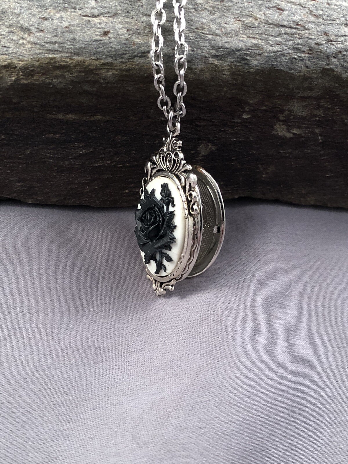 Victorian Black Rose Cameo HIDDEN Locket Necklace, Vintage Pillbox Stash Pendant
