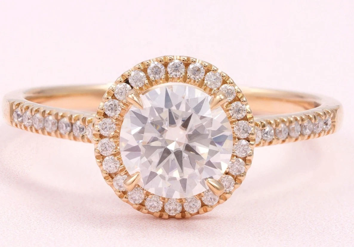 1.37TCW Round Cut White Moissanite Women’s Halo Party Ring In 10K Yellow Gold FN