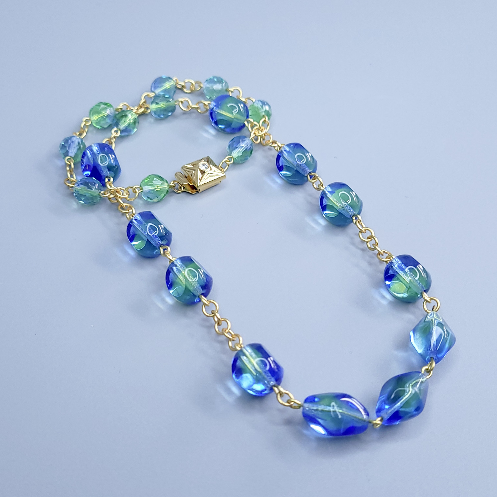 Uranium Necklace 18” Vaseline Blue Glass Czech Vintage Beads Women`s Jewelry