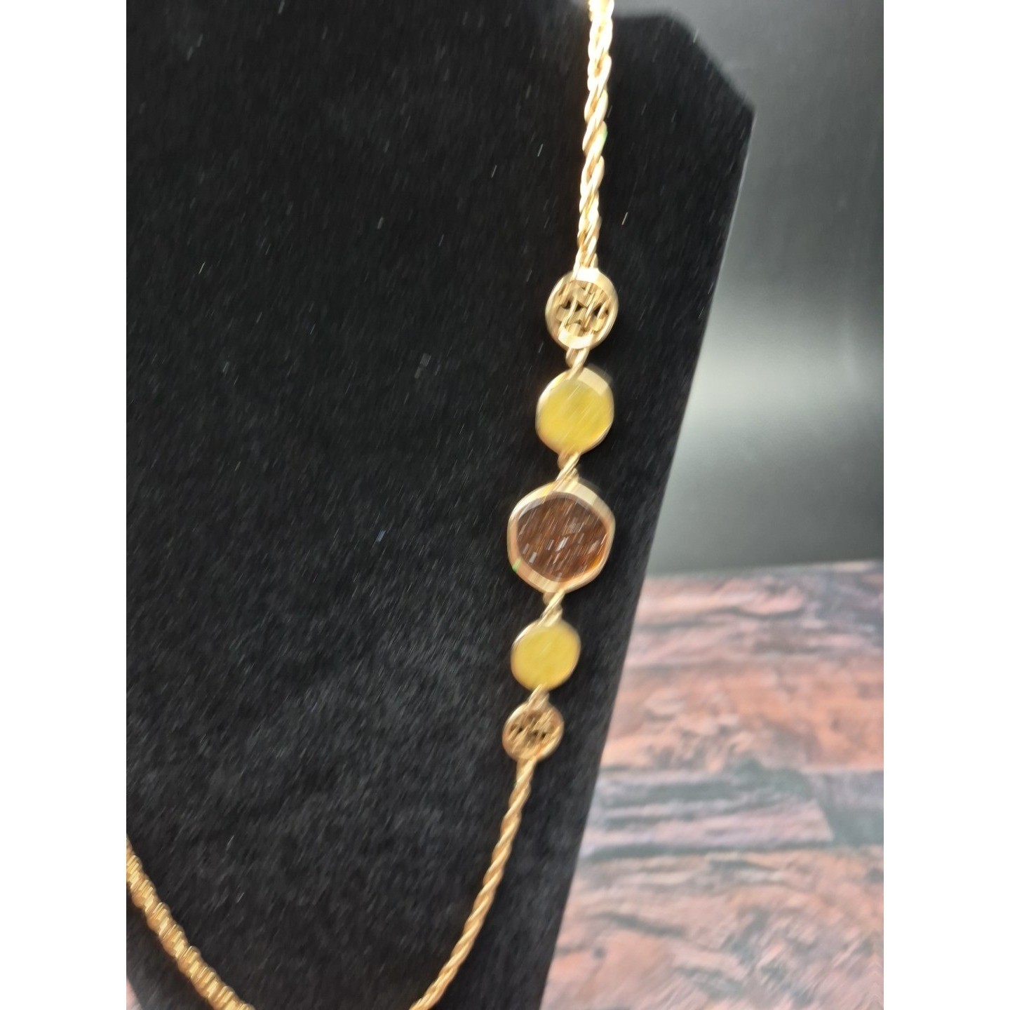 Vtg Sarah Coventry Rope Chain Necklace Gold Tone Yellow Amber Glass Cabochons