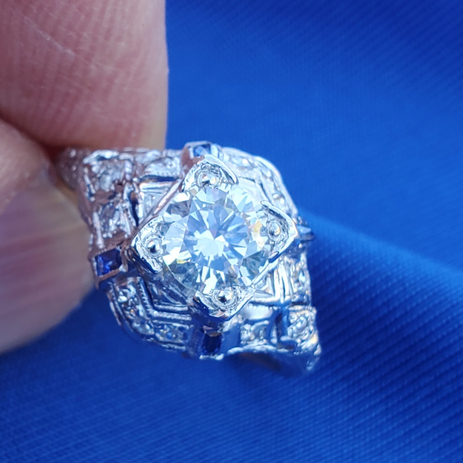 Original EARTH MINED DIAMOND Deco Engagement Ring 1 ct Vintage PLATINUM Sapphire