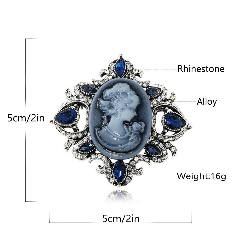 Vintage Cameo Lady Rhinestone Brooch Pin for Women Girls Antique Medium, Blue