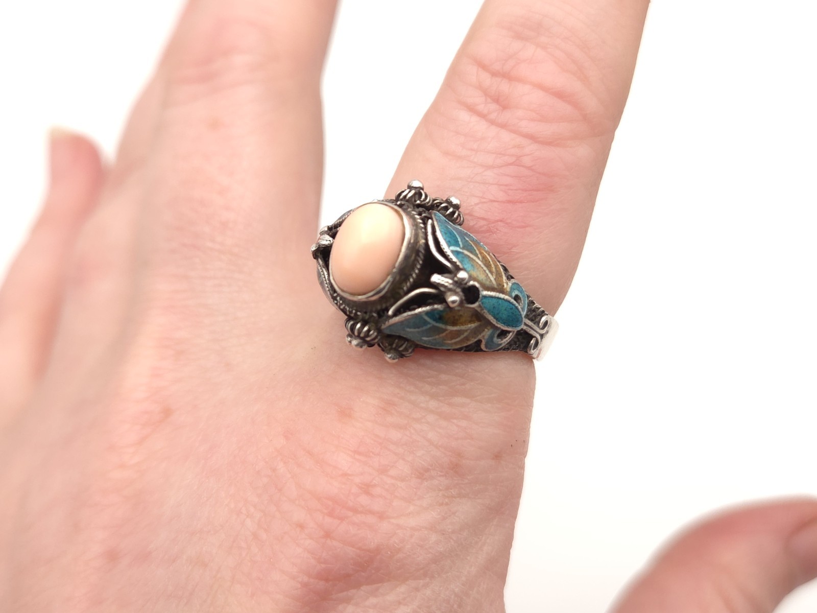 Vintage BJ Designer Sterling Silver Enamel Butterfly Pink Coral Ring Sz. 9