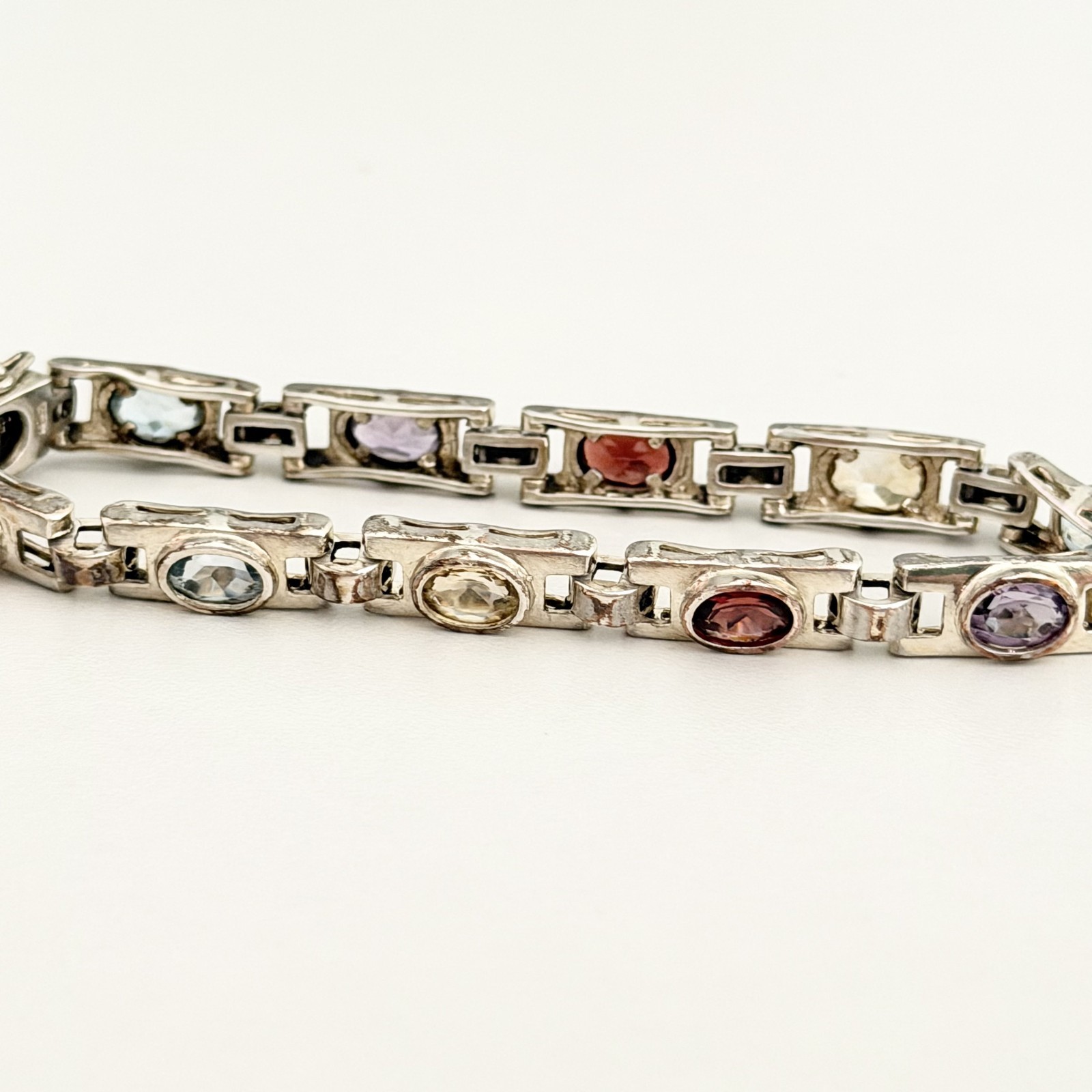 Vintage 925 Sterling Silver Genuine Multi Gemstone Tennis Bar Link Bracelet 7″