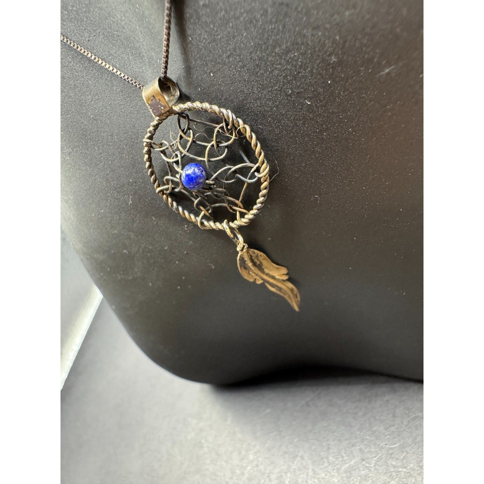 Vintage AGI Italy Signed Sterling Silver 925 Lapis Lazuli Dreamcatcher Necklace