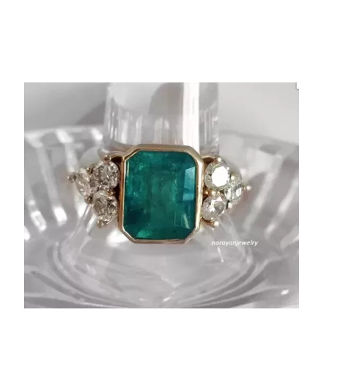 Vintage Art Deco Style Lab Created Emerald Engagement Ring 14K Yellow Gold FN
