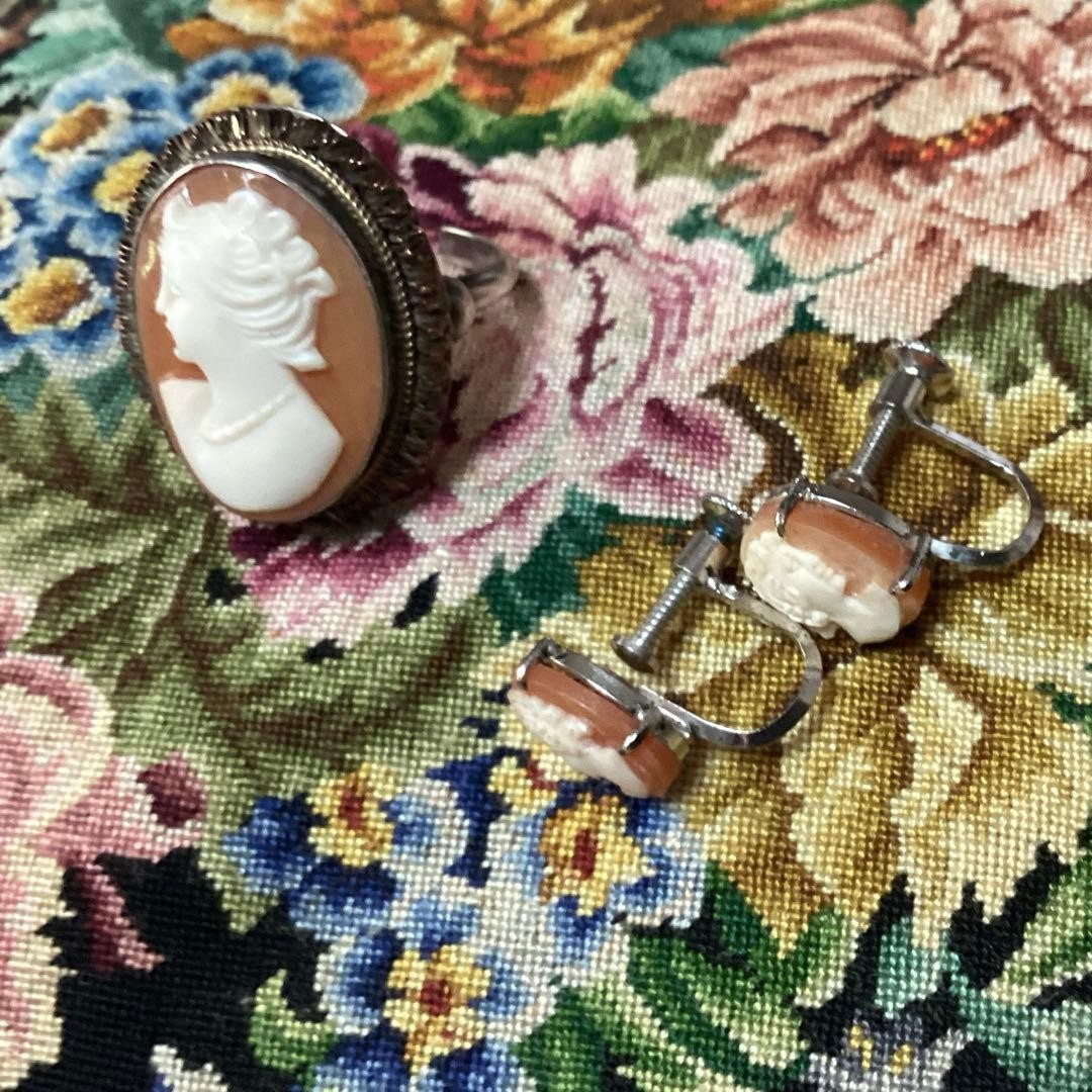 Semi Antique Shell Cameo Silver Ring & Earring