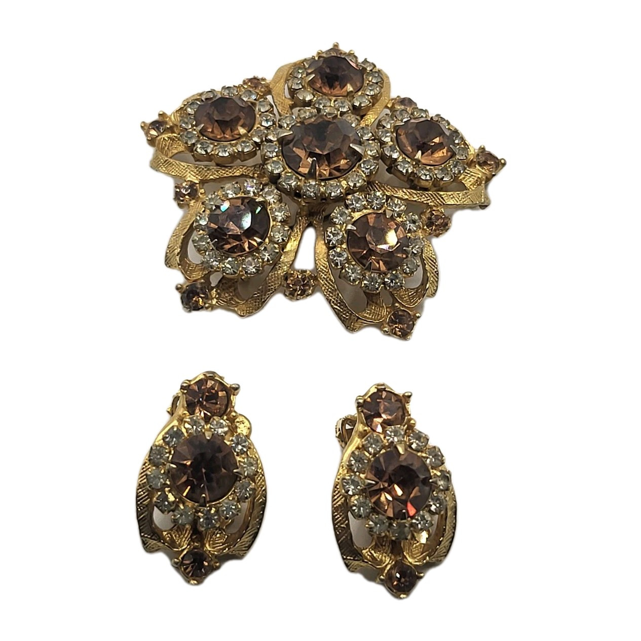 2-Pc Edlee Champagne & Ice Rhinestone Crystal Vintage Pin Brooch & Earrings Set