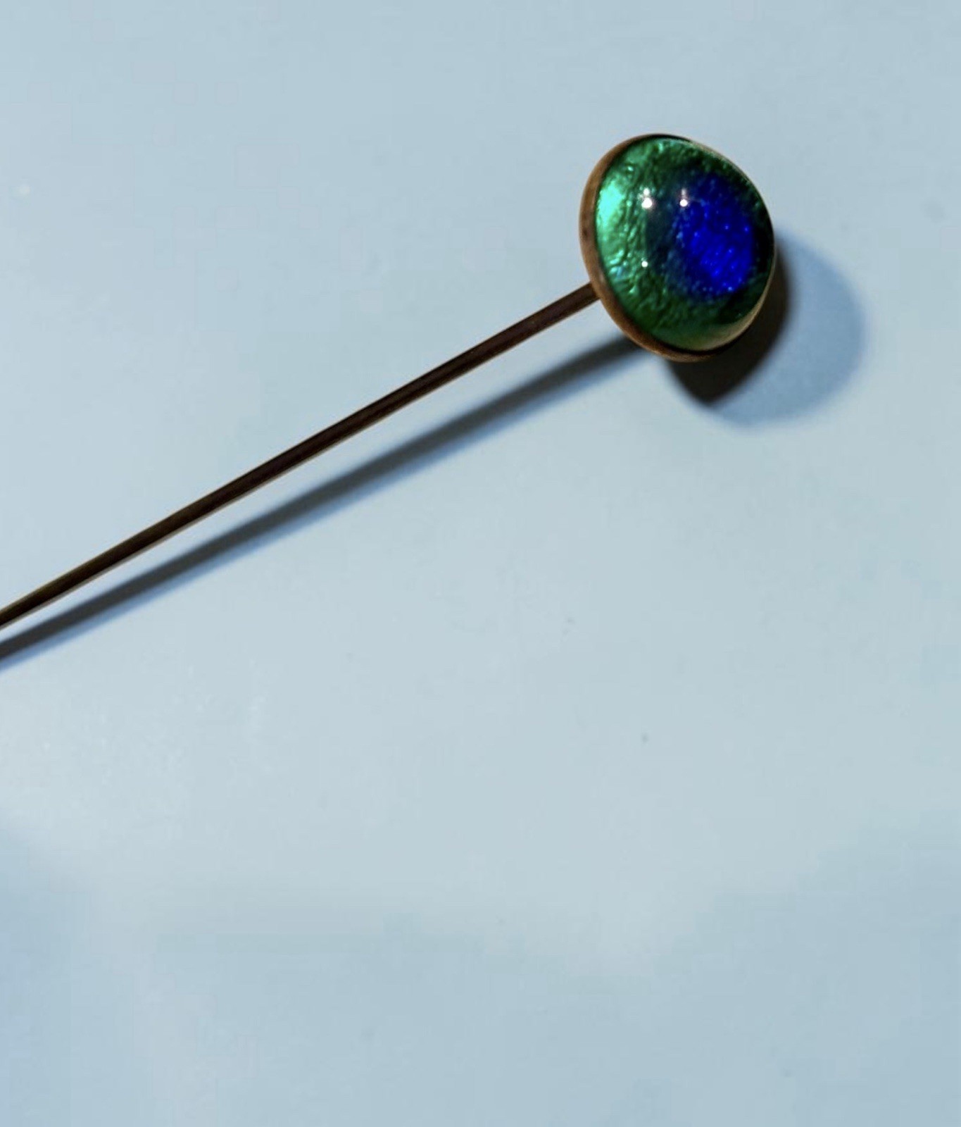 Antique Victorian Peacock Eye Glass Hat Pin Blue Green Foil Art Nouveau 8 inch