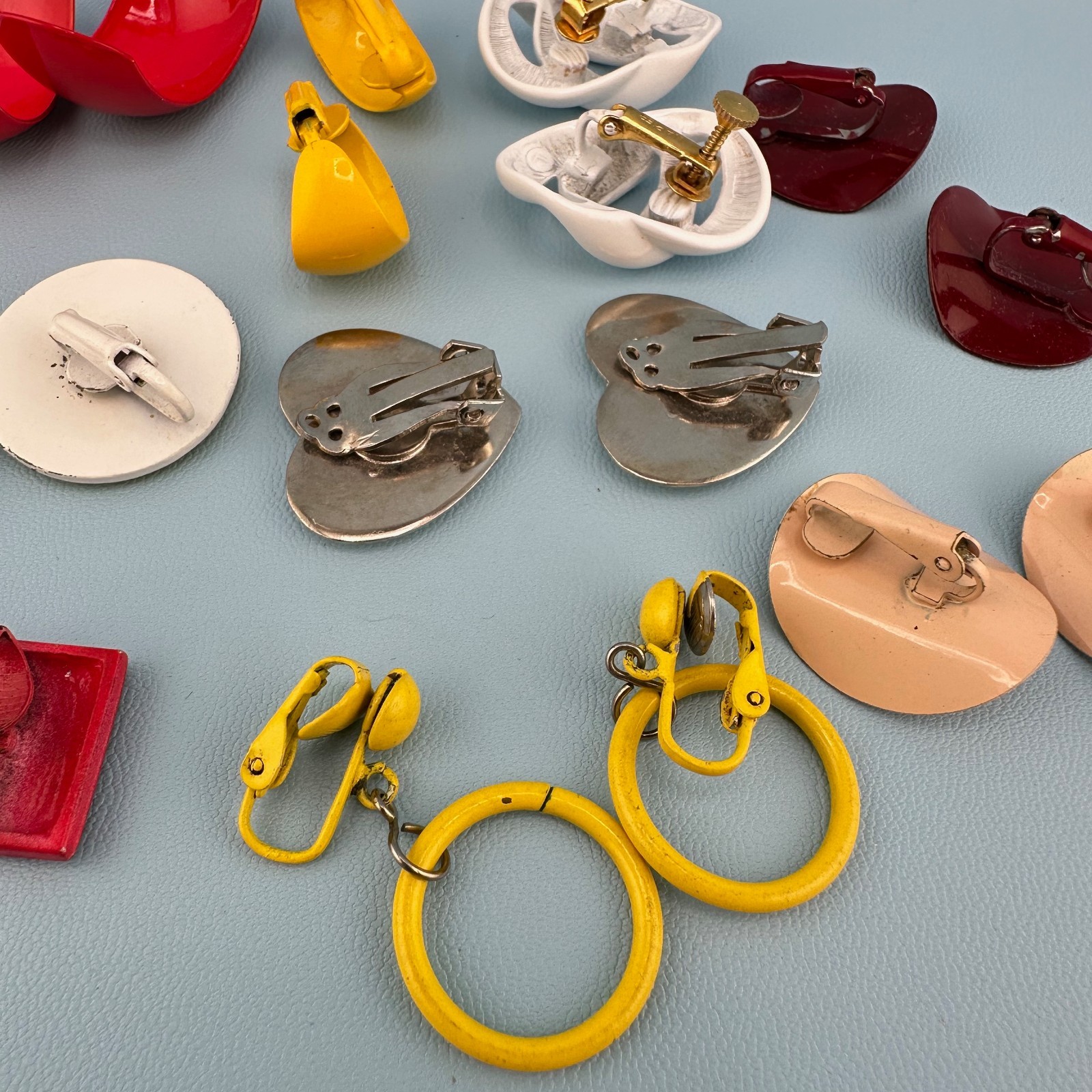 Vintage Enamel Metal Earrings Lot Clip On Bright Colorful 1980s Retro Pop MOD