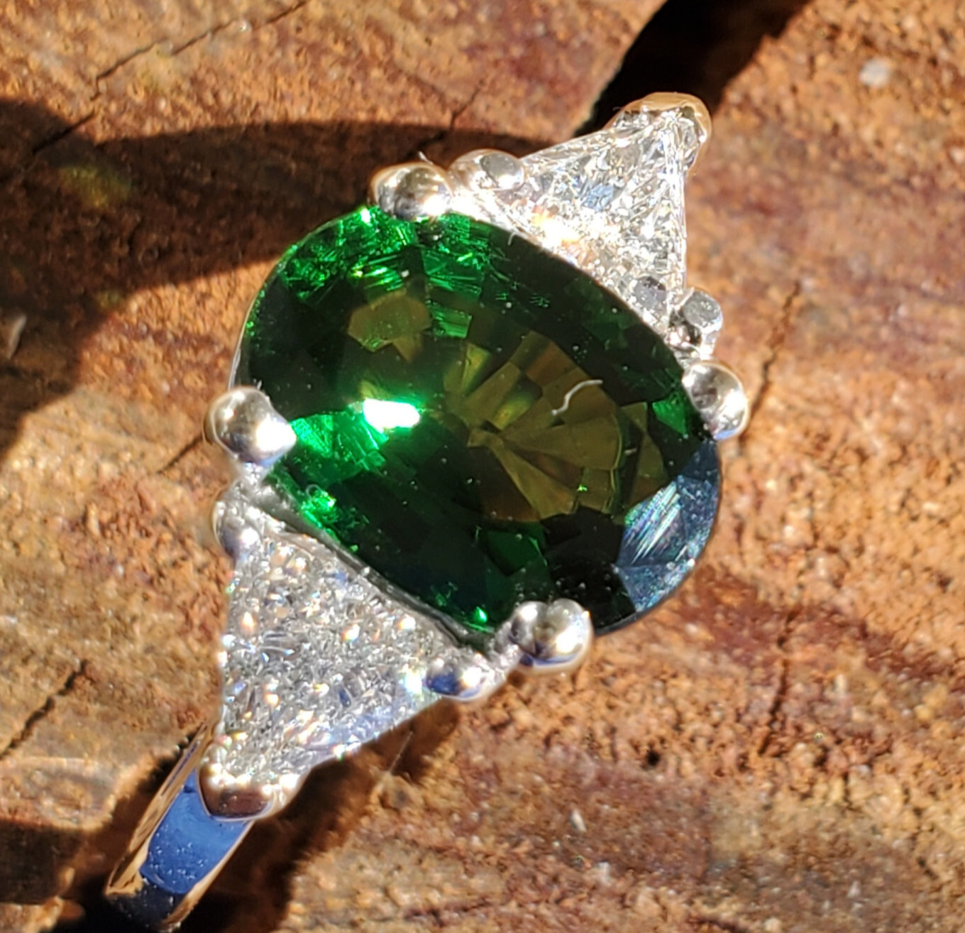 Original EARTH MINED Tourmaline DIAMOND Deco Engagement Ring 14K WHITE GOLD S 7