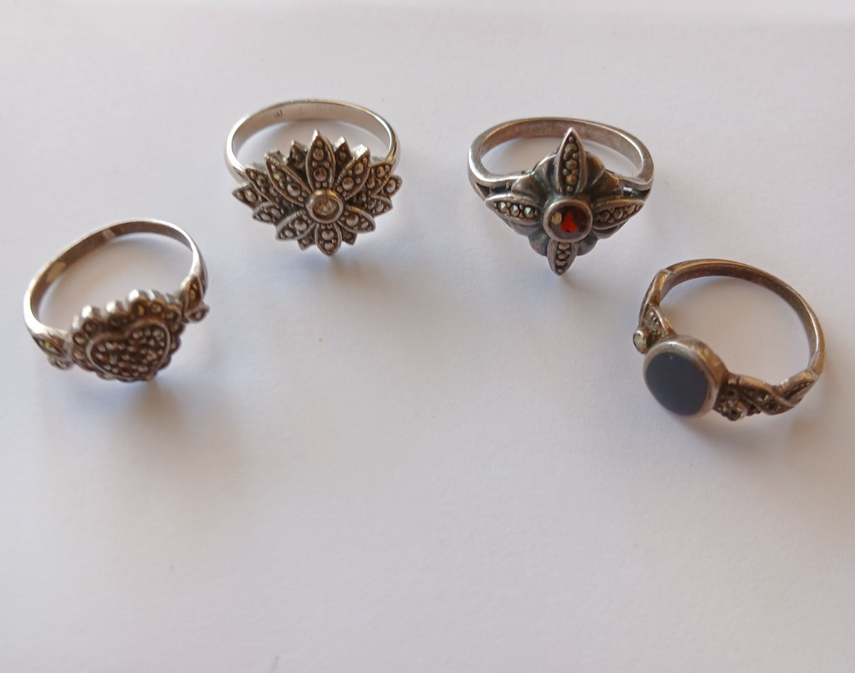 Four Beautiful Antique 1930s and 40s Vintage Solid Silver Rings