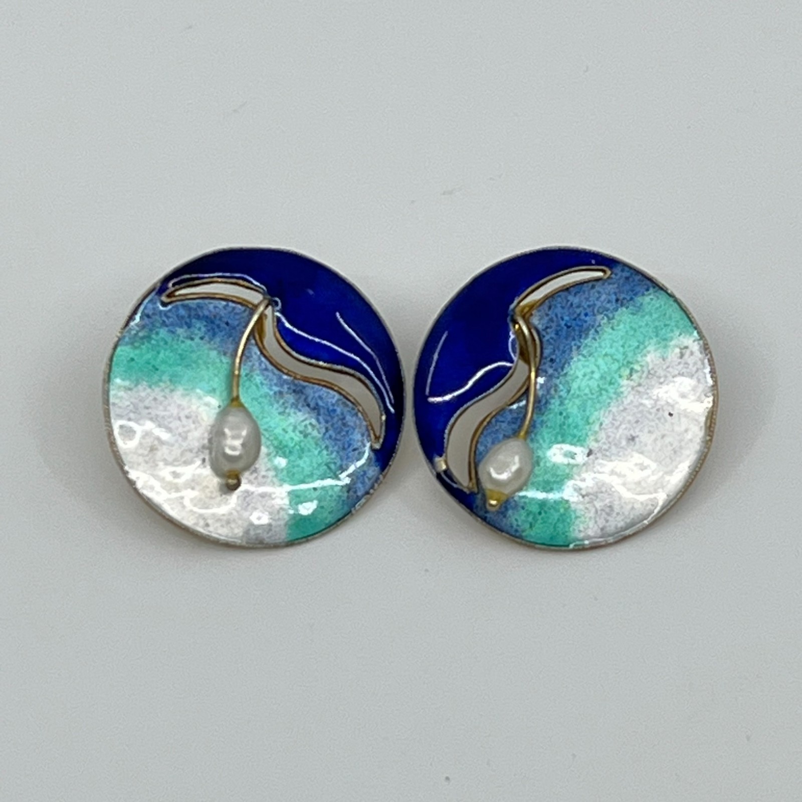 Vintage Sterling Silver Enamel Earrings Freshwater Pearl Blue Beachy Artsy