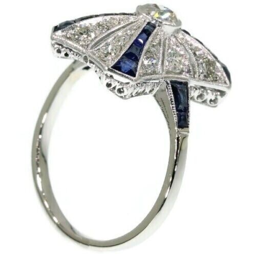 Art Deco 2Ct Sapphire & Lab Created Diamond Birthday 14K White Gold Filled Ring