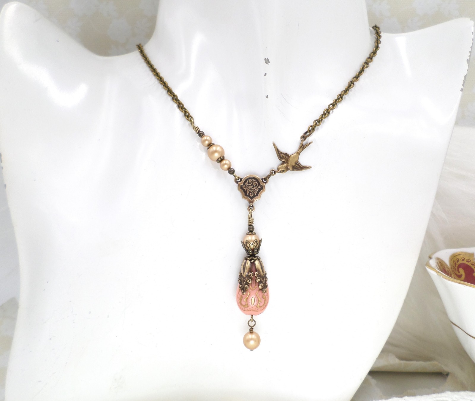 Victorian Style Brass Bird Necklace Pink Acrylic Bead Gold Pearl Handmade Unique