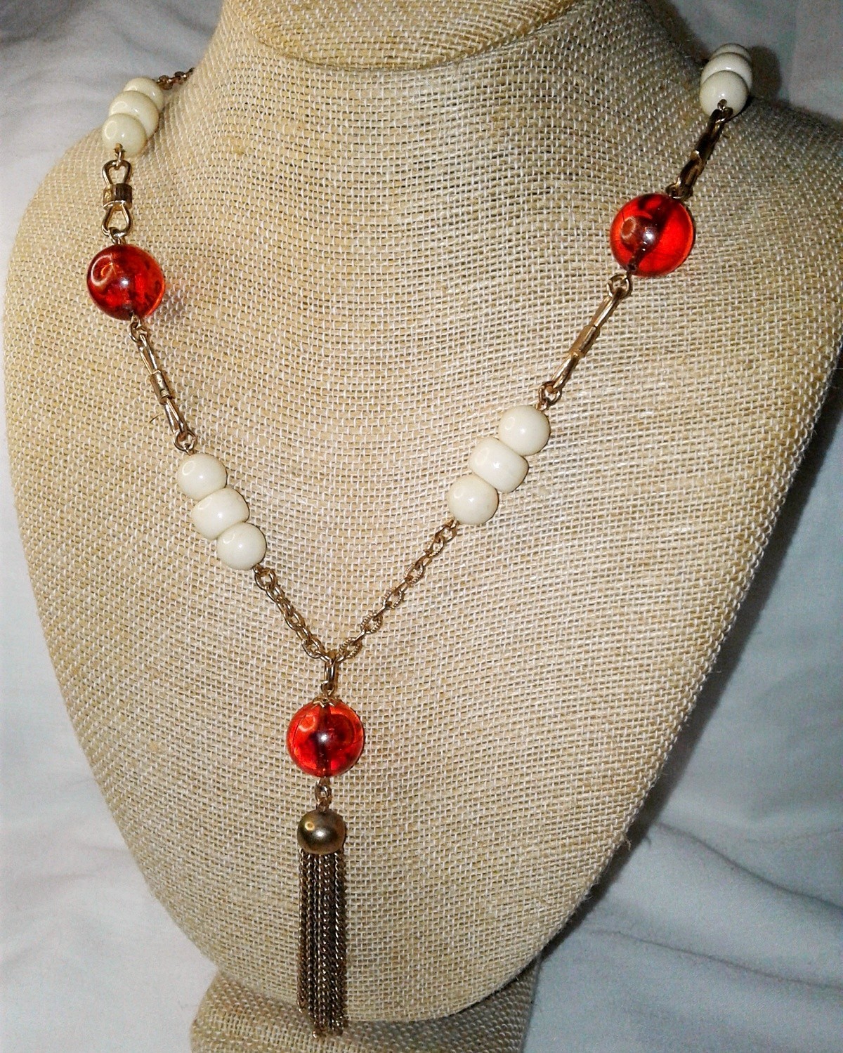 Vintage Tassel Necklace Y-Drop Brass Root Beer Cream Lucite Gold Plated MCM