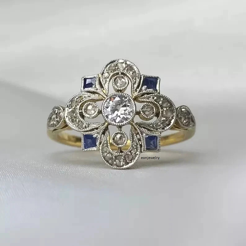 1920s Edwardian Vintage Art Deco Filigree Sapphire Diamond Engagement Gift Ring