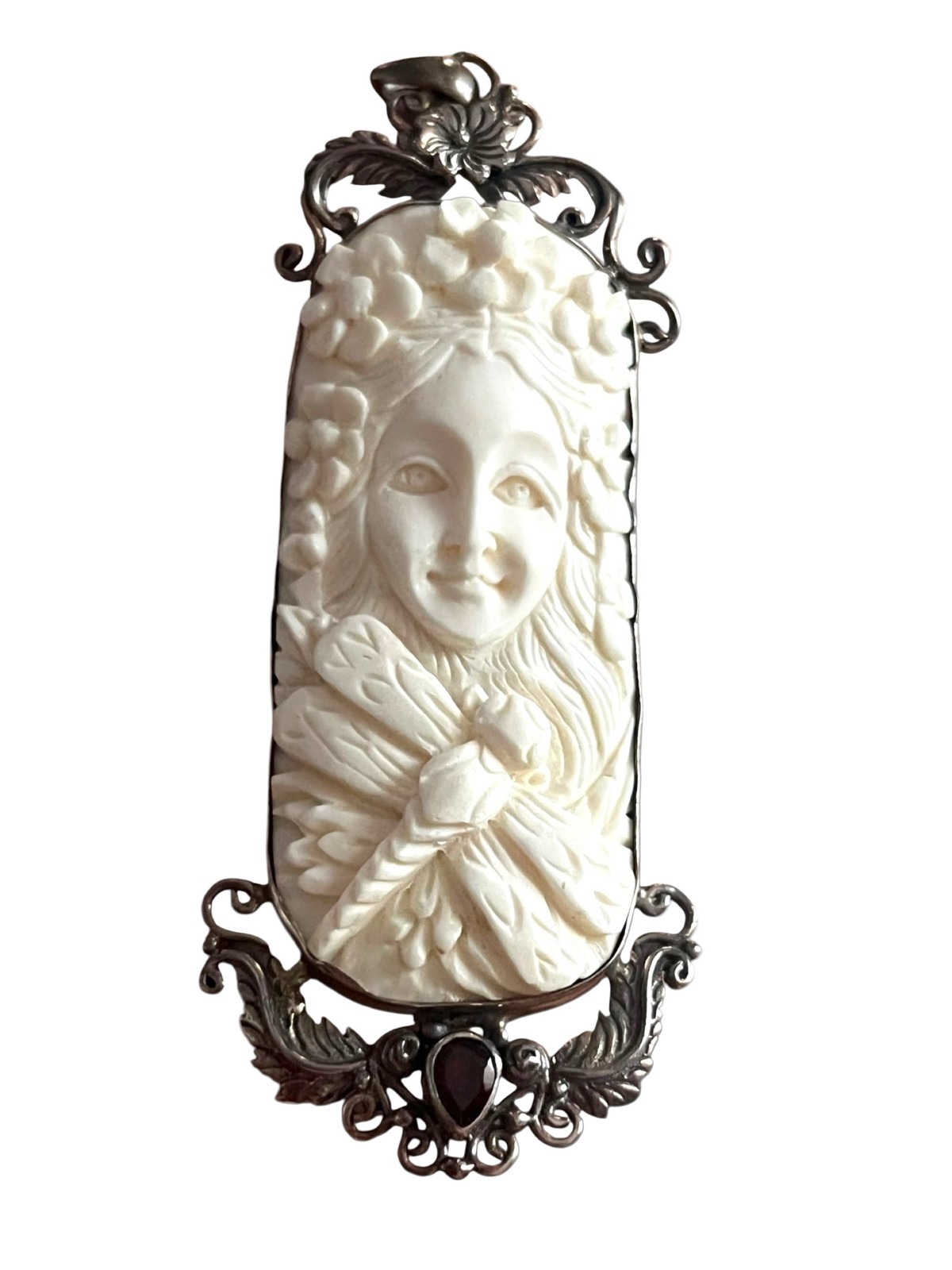 Fifirose Carved Bison Bone Cameo Pendant Sterling Garnet 3”