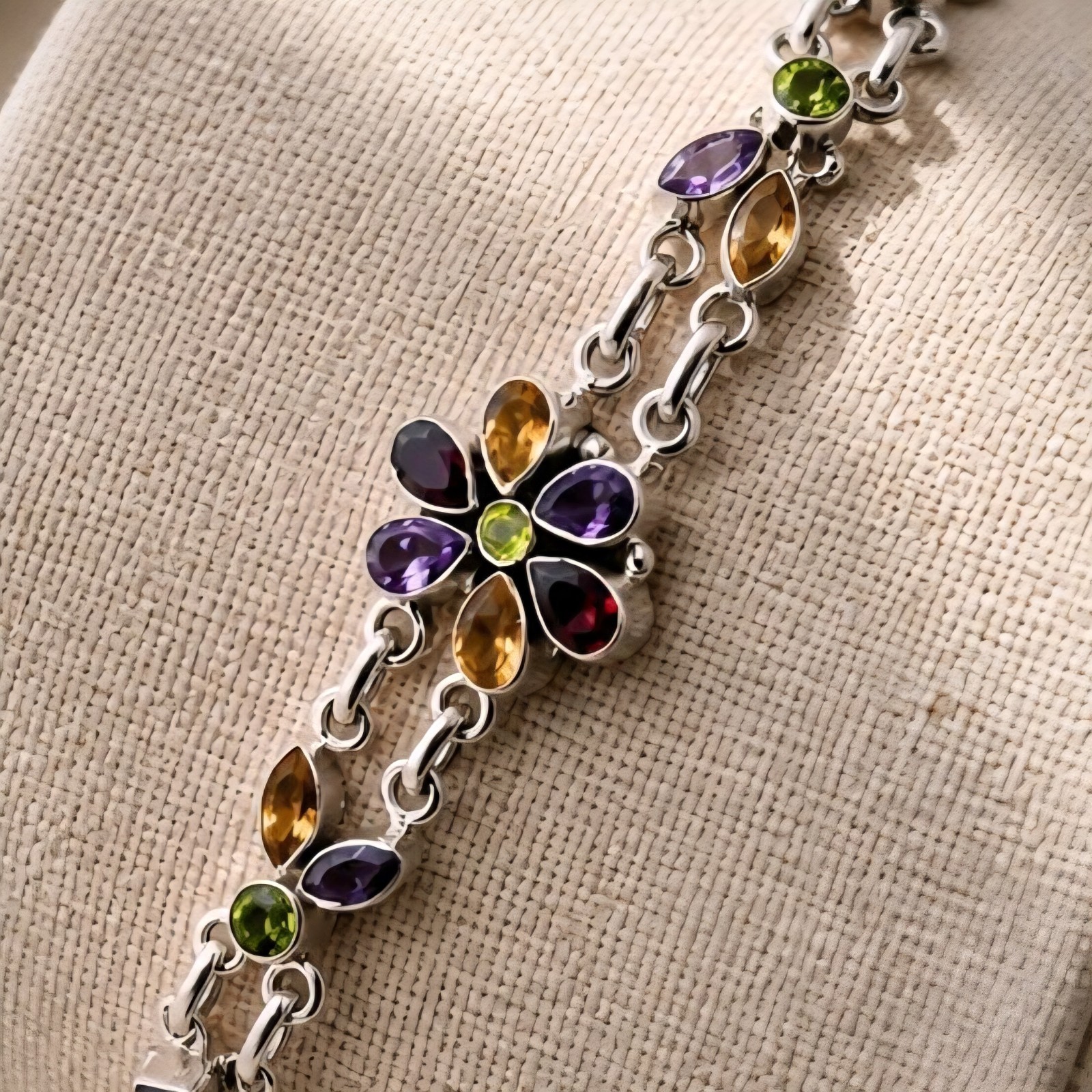 Sterling Silver Bracelet Flower Multi Gemstone Amethyst Peridot Citrine Garnet