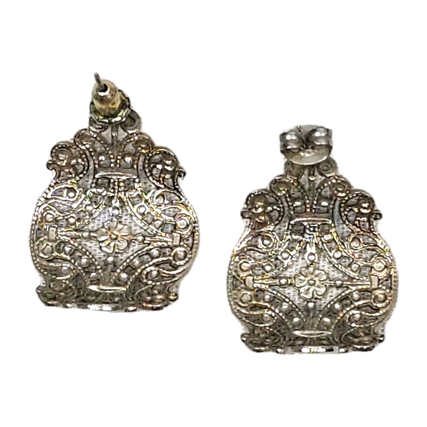 Vintage Silvertone Filigree Half Hoop Curved Pierced Earrings 1″ | Ornate Design