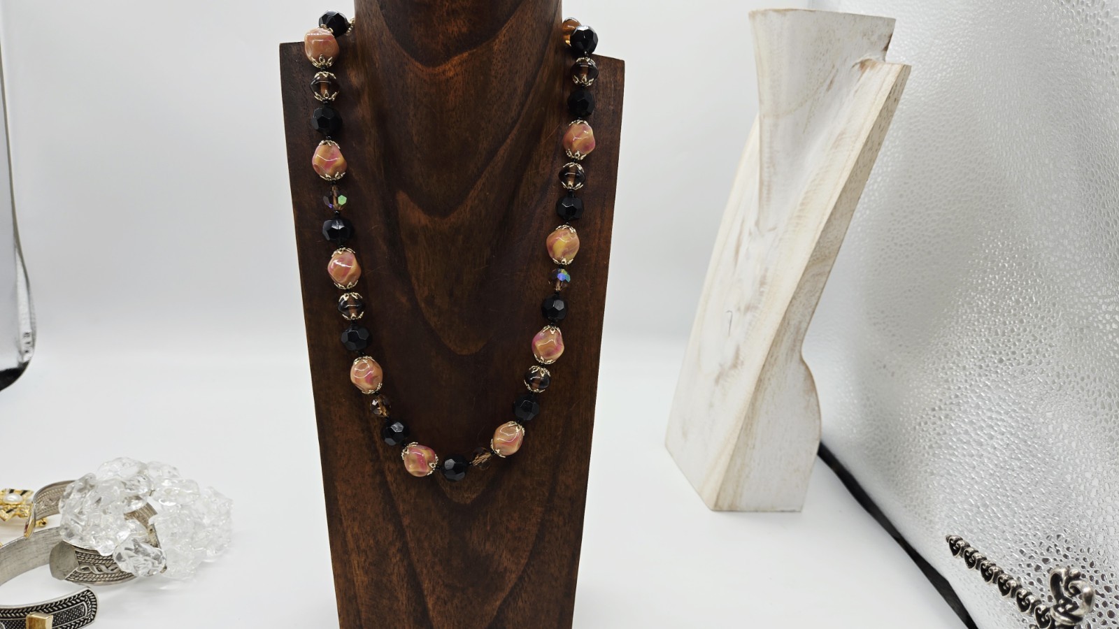 Necklace Amber Brown Peach Multicolored Glass Beaded Signed JAPAN 21 in