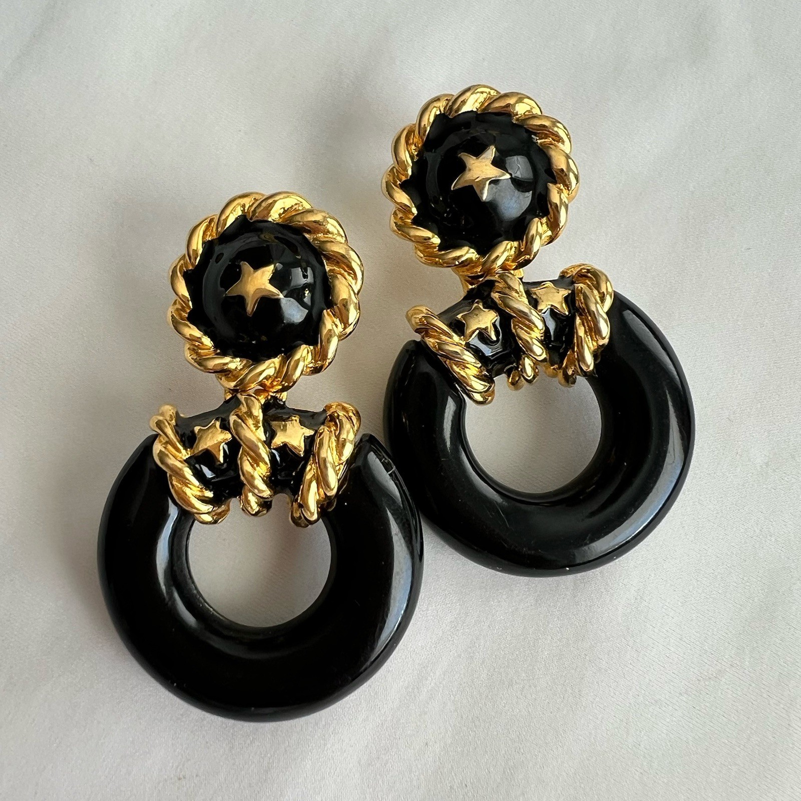 Vintage Gold Tone Black Enamel Celestial Star Door Knocker Drop Earrings 80s