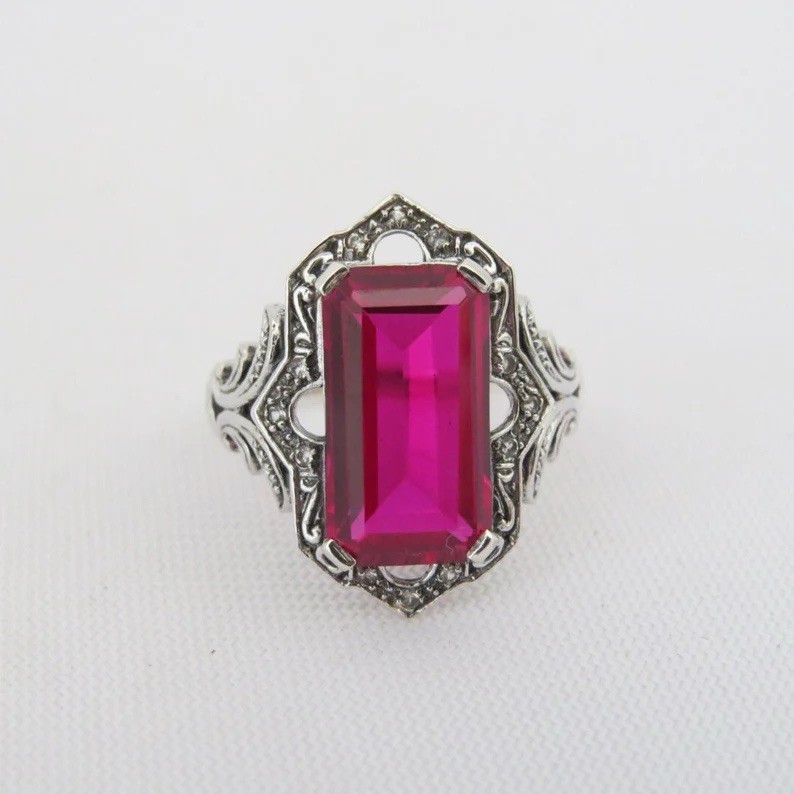 Vintage Victorian Style Ruby Gorgeous Estate Ring 935 Silver Antique Jewelry