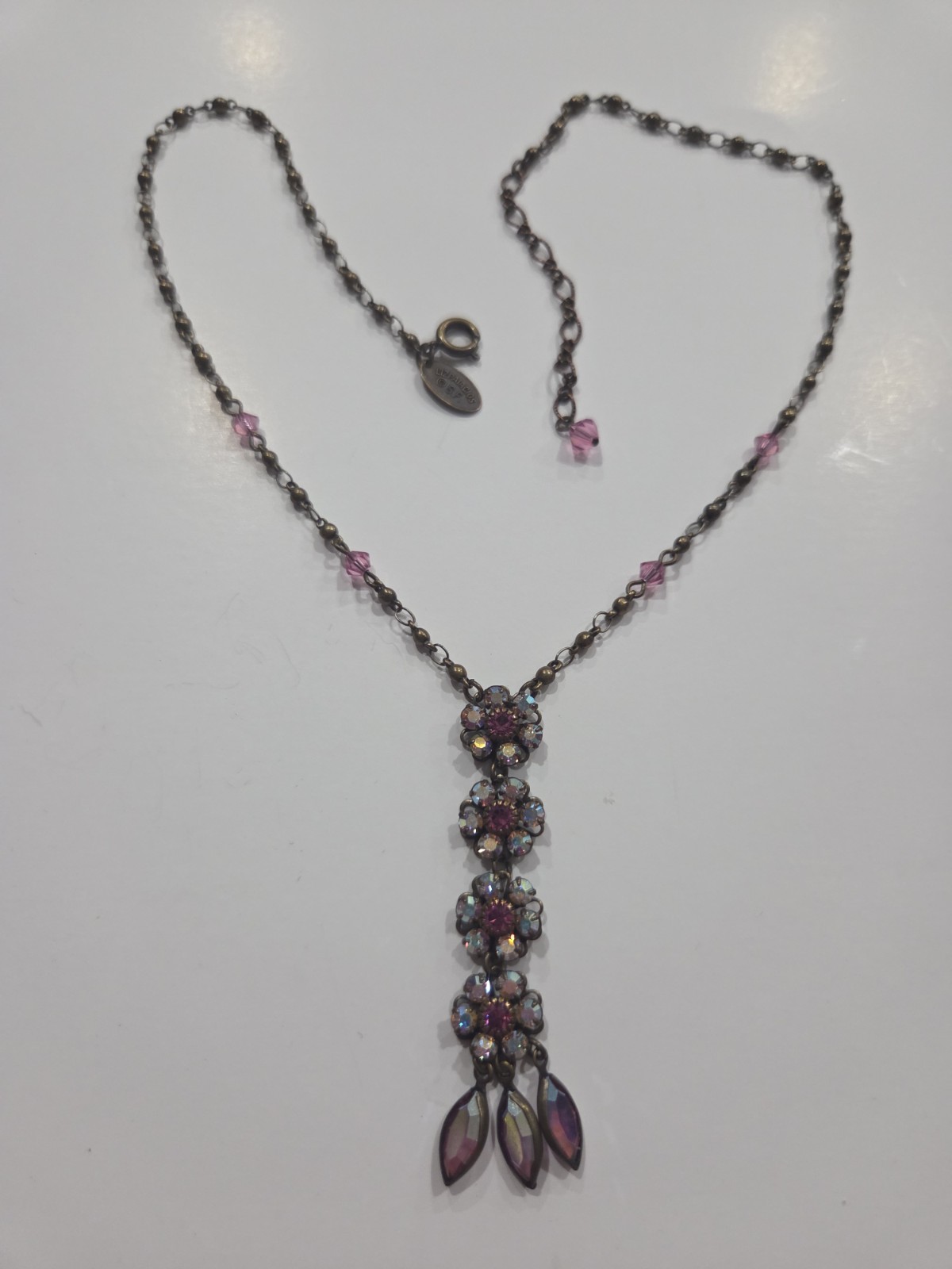 Vintage Liz Palacios AB Crystal Rhinestone Flower Dangle Drop Necklace Aurora