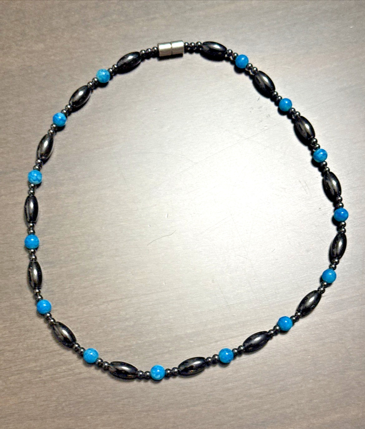 Hematite Beaded Turquoise Accent Stone Ladies Magnetic Necklace 18”