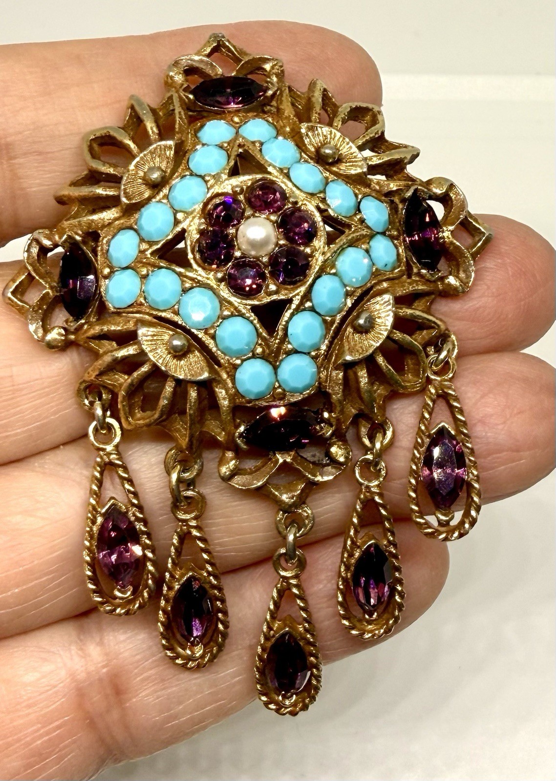 Vintage Bohemian Revival Filigree Brooch Turquoise Glass & Amethyst Rhinestone