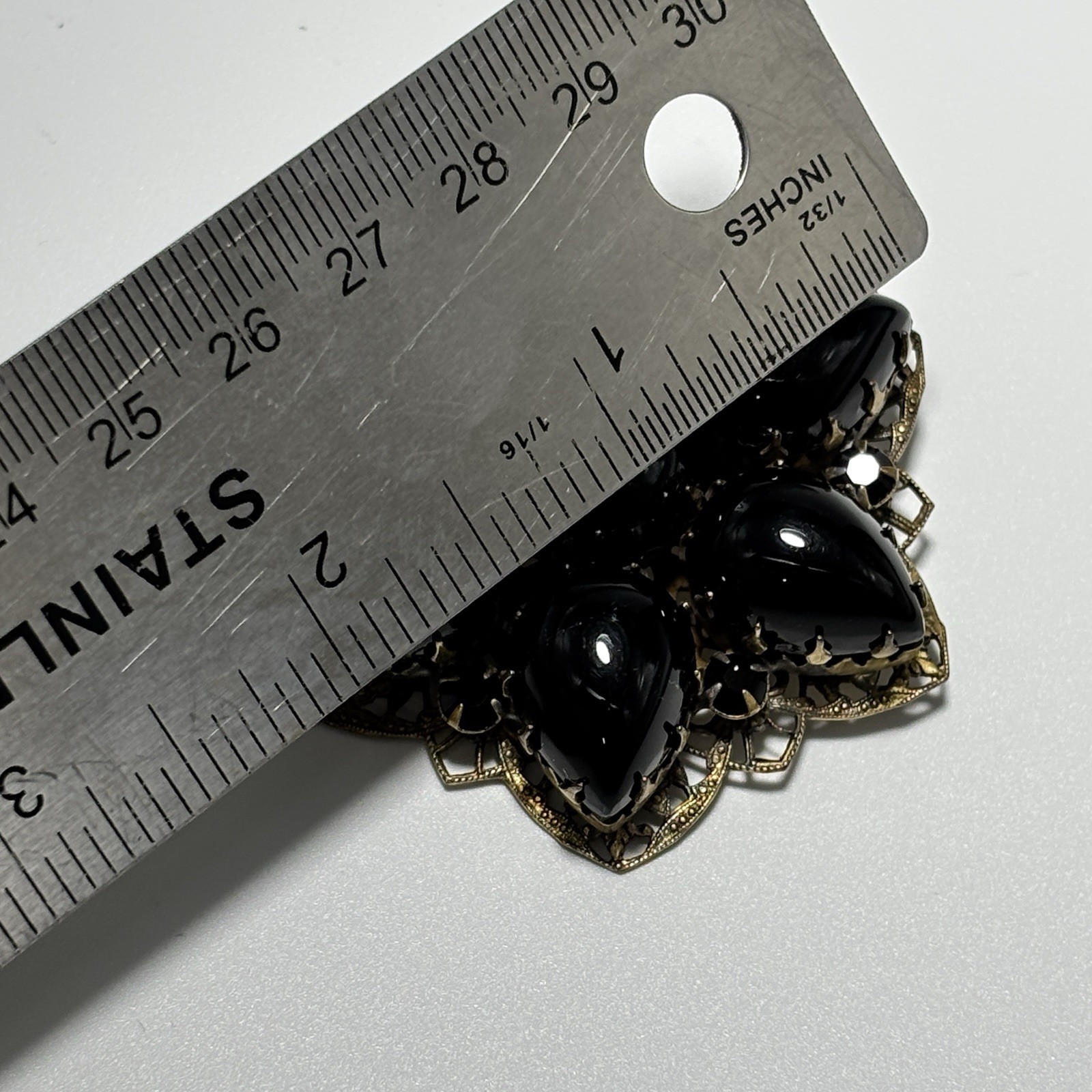 Vintage Brooch Pendant Teardrop Black Glass Cabochons Double Layered 2-1/8″ Long