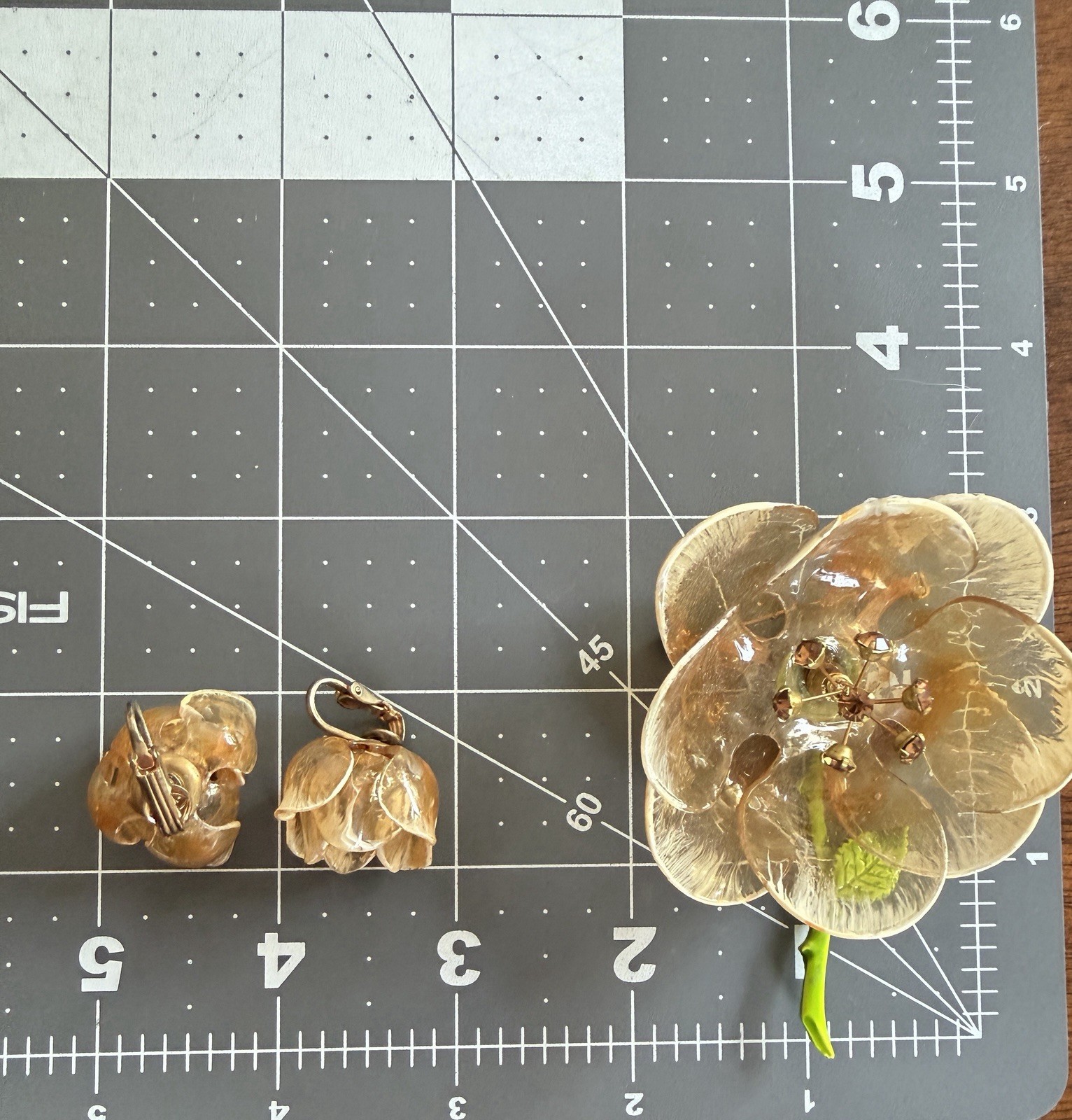 Cellulose Acetate Rhinestone Flower Brooch Earring Set Amber Demi Parure 50s Lot