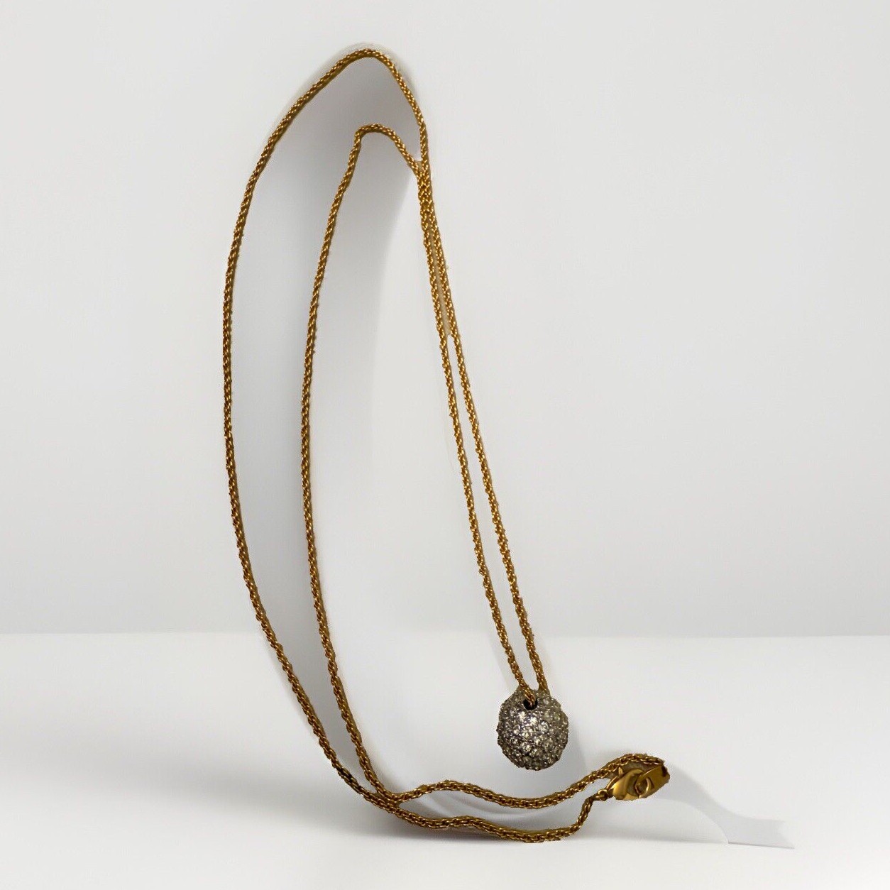 Vtg.Rhinestones Bead Necklace Sliding Single Bead on Ball Chain Gold Tone Metal