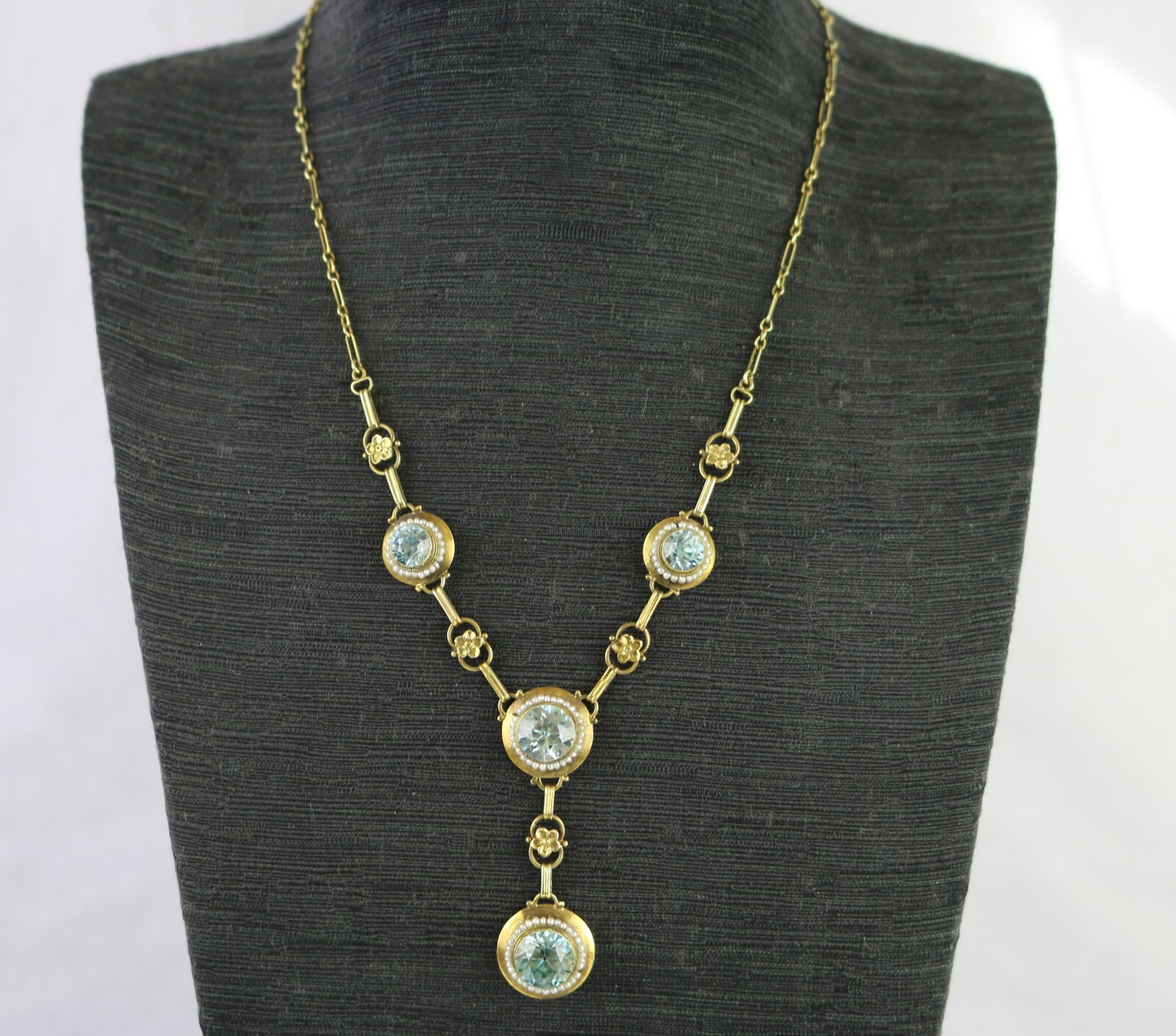 Antique Edwardian 14K Gold Round Vivid Blue Zircons with Seed Pearls Necklace